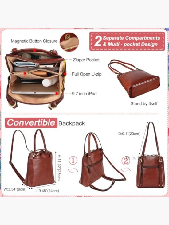 Full Grain Leather Convertible Backpack Purse for Women Fits iPad